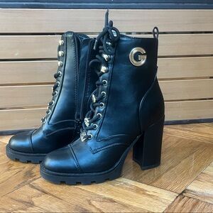 GBG Los Angeles Black Lace-Up Chunky Heel Ankle Boots with Gold G